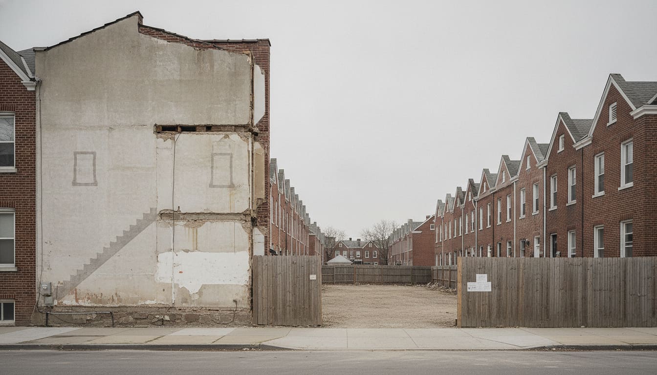 Partly demolished small masonry structure showing an exposed shared wall under overcast sky