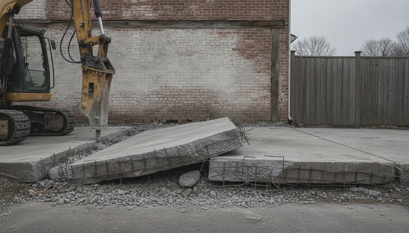 Broken concrete slab section showing exposed reinforcing bar and the sub-base beneath it