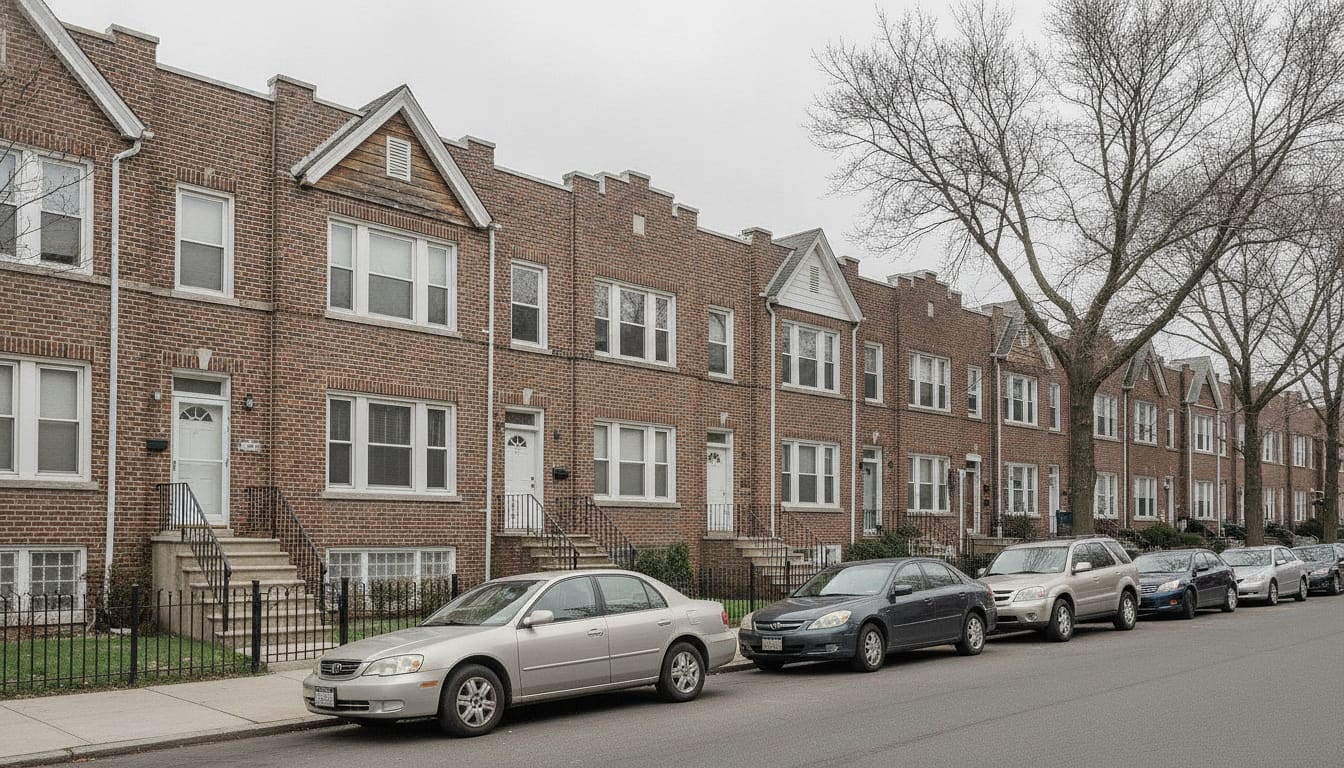 Row of attached brick houses on a Queens residential street under overcast daylight