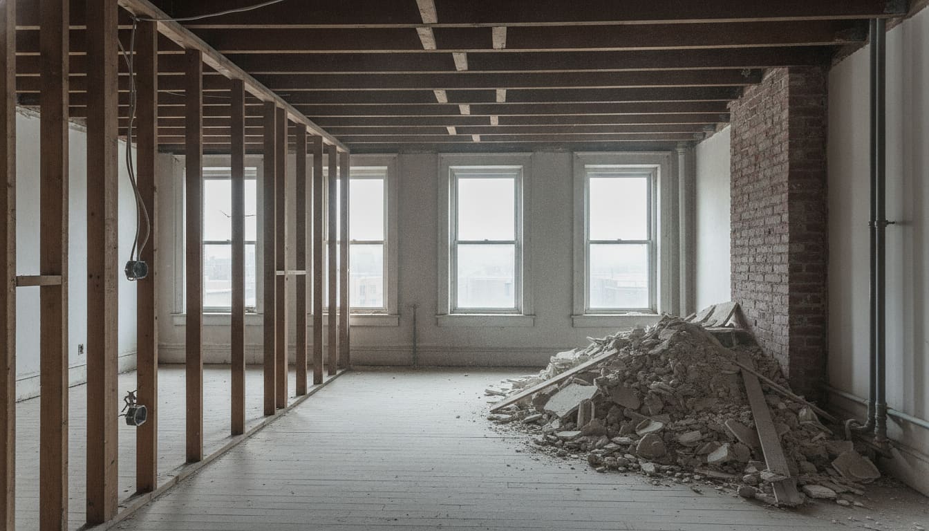 Apartment interior stripped back to bare studs and ceiling joists, lit by daylight from a window
