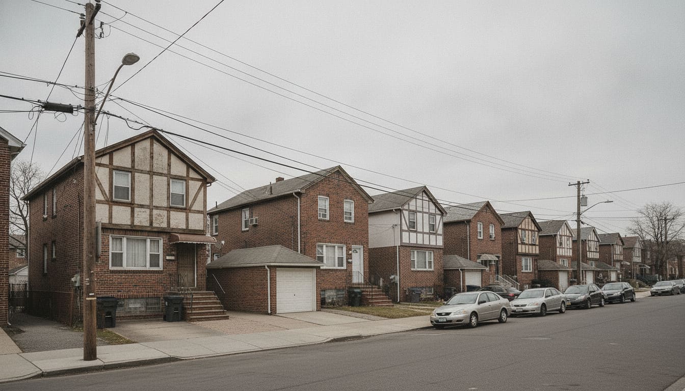 Low-rise Queens street of attached brick houses under flat overcast light