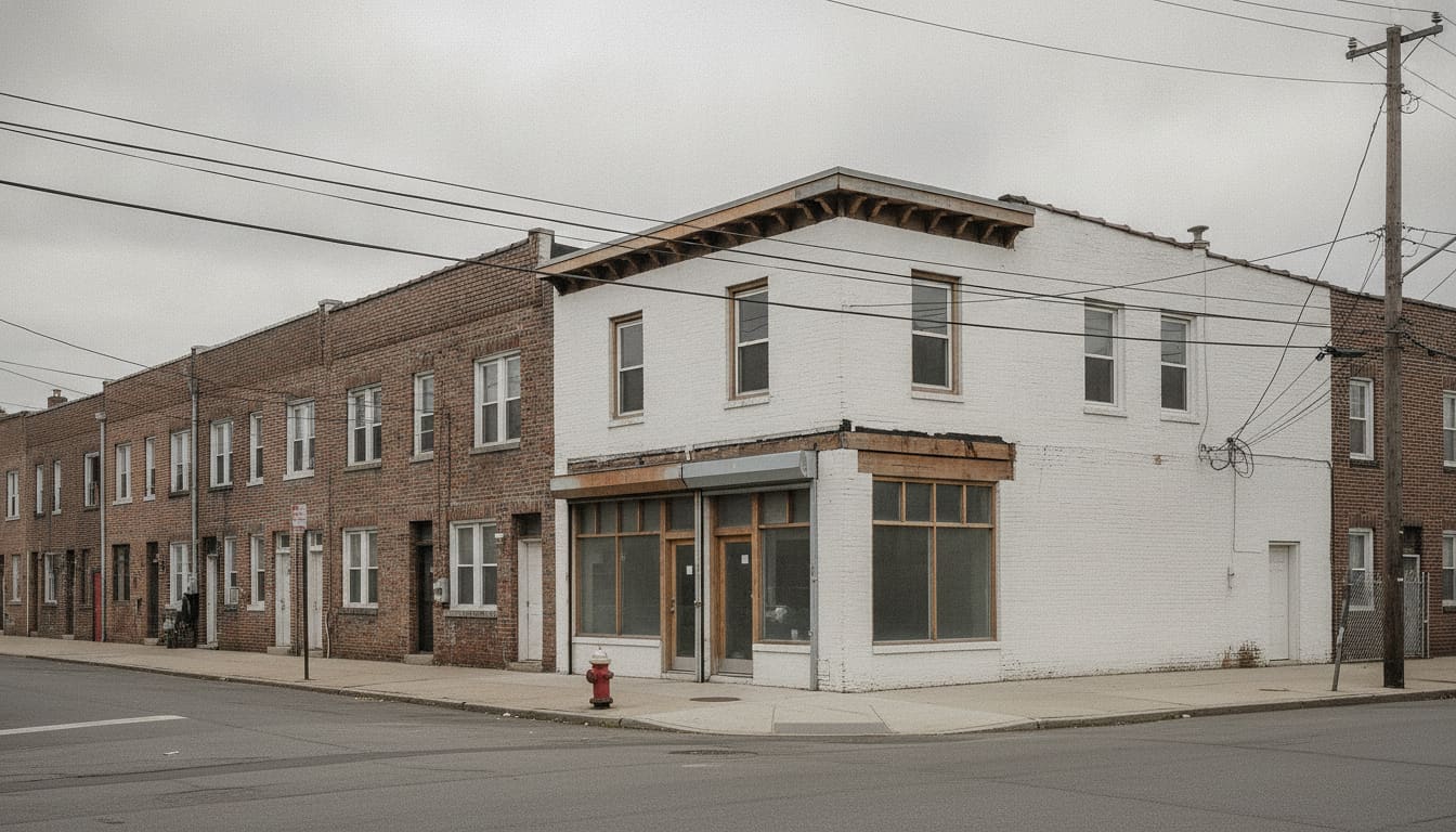 Queens residential street corner with attached houses under overcast daylight